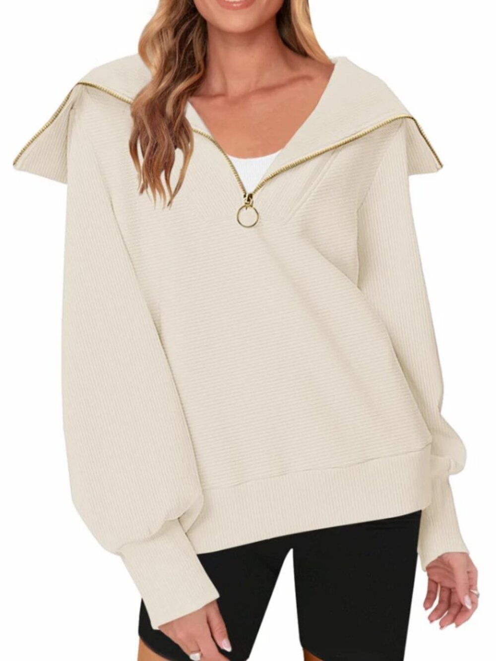 Merokeety Women's Size Large Quarter Zip V Neck Collar Ribbed Sweatshirt Cream